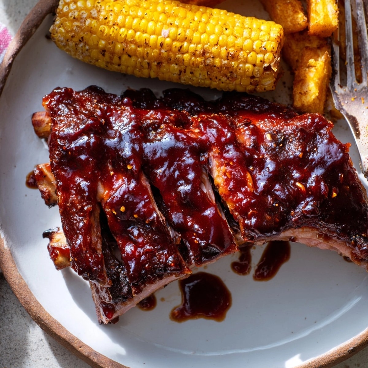 Saftige Bourbon BBQ Glazed Ribs aufgetürmt und fotografiert, serviert mit dampfenden, goldenen Sweet Corn Fries.