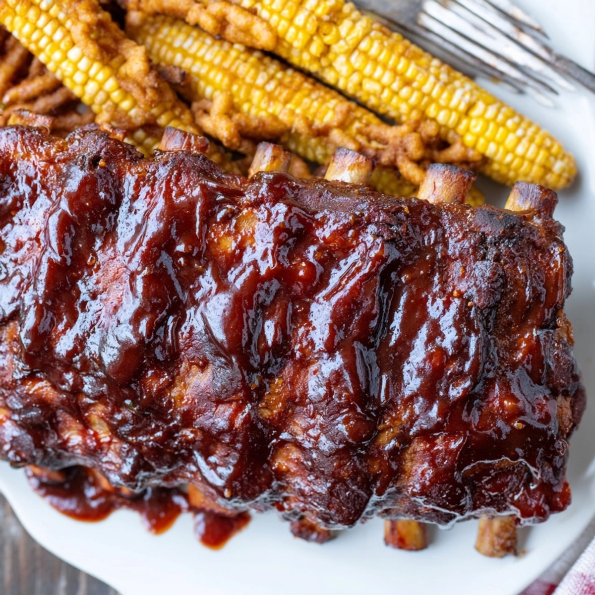 Nahaufnahme: Klebrige Bourbon BBQ Glazed Ribs mit duftenden, frittierten Sweet Corn Fries, fertig zum Genießen.