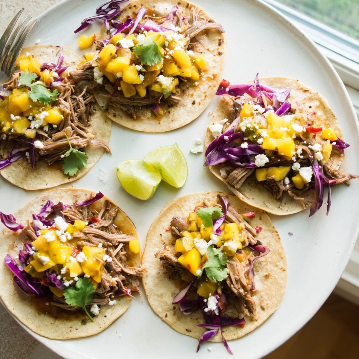 Zarte Entenconfit-Tacos mit würzigem Mango-Chutney, servierfertig in warmen Tortillas.
