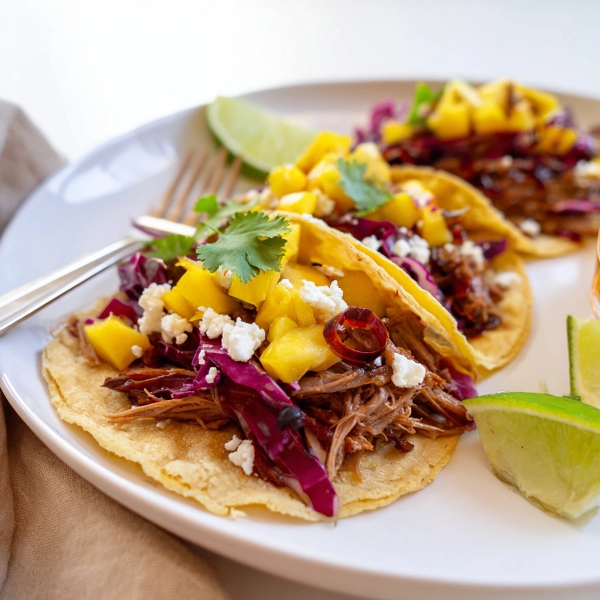 Knusprige Entenconfit-Tacos mit süß-scharfem Mango-Chutney, perfekt angerichtet mit frischen Beilagen.