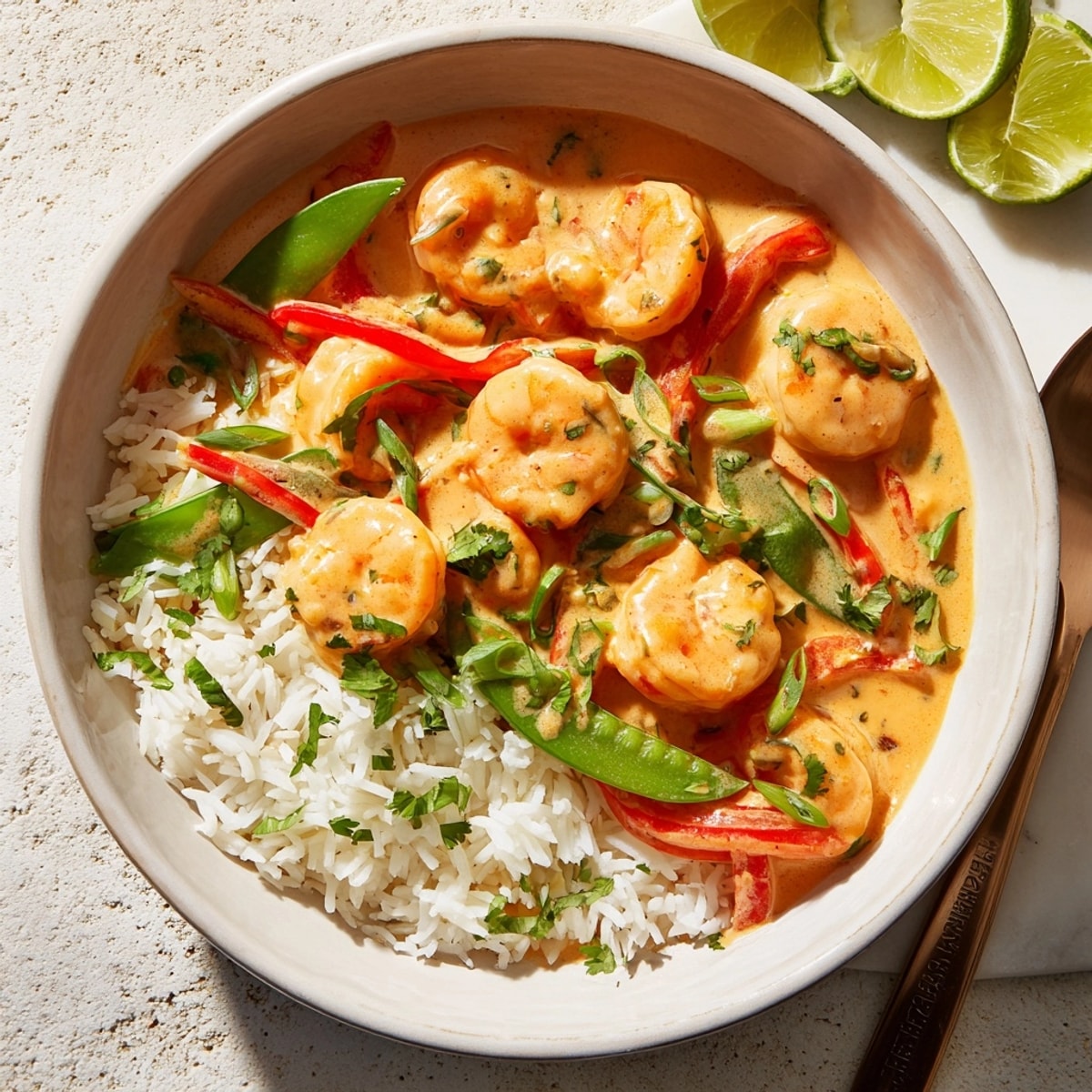 Kokos-Curry-Shrimps & Reis Bowl, ein köstliches Gericht mit saftigen Garnelen und Reis.