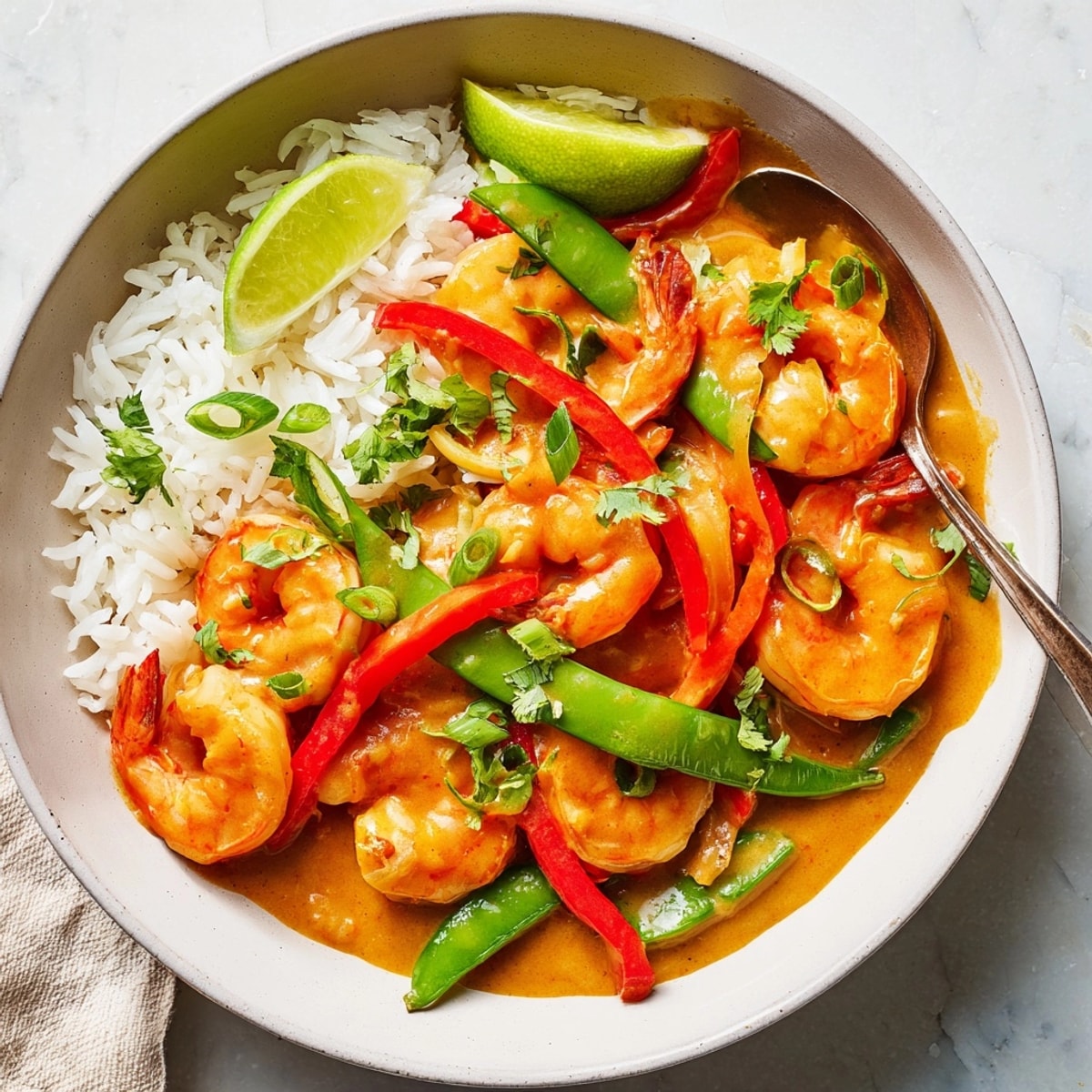 Vibrant Coconut Curry Shrimp & Rice Bowl garnished with cilantro and green onions.