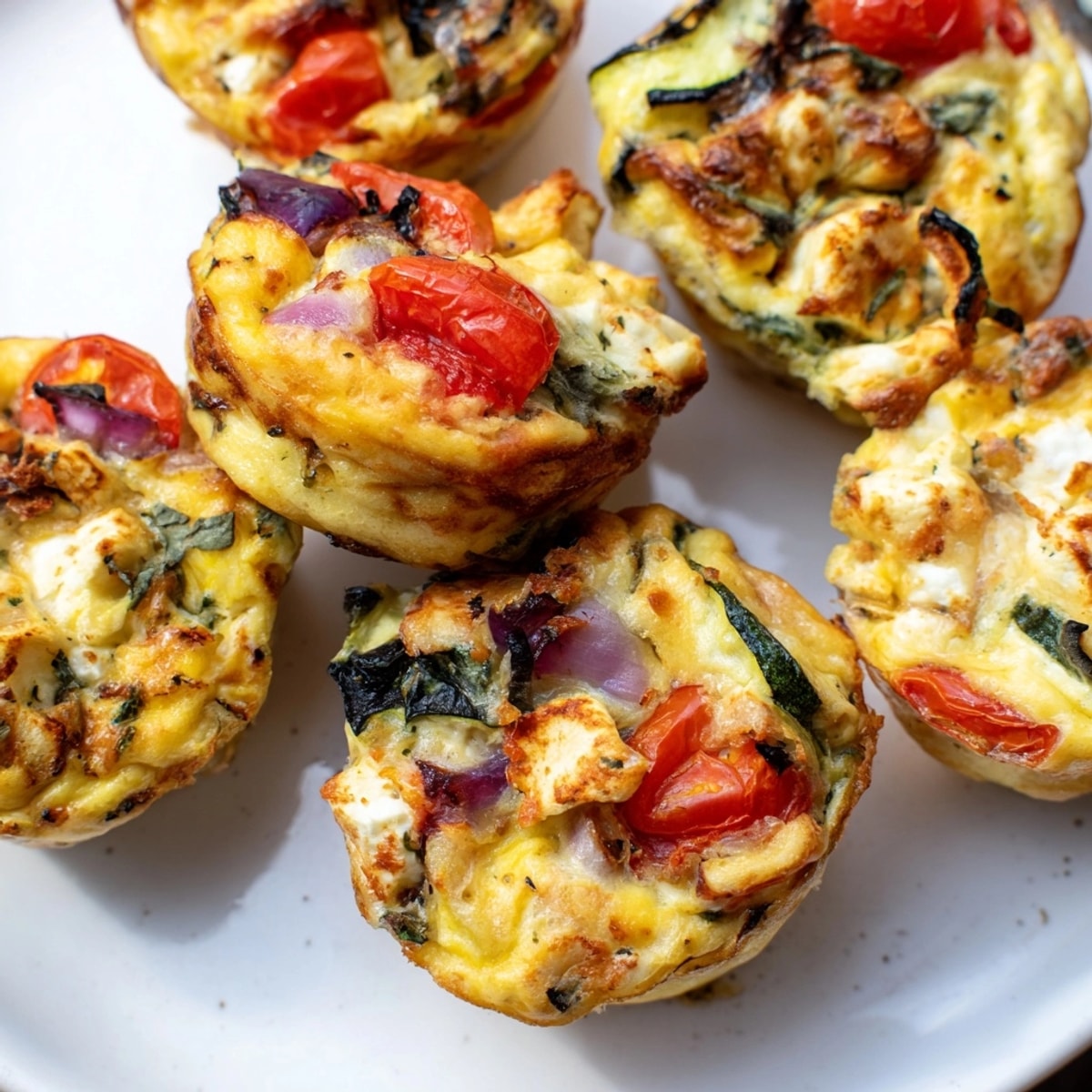 Geröstete Gemüse- und Ziegenkäse-Frittata-Muffins, goldbraun gebacken, duftend nach Kräutern und warmem Ei.