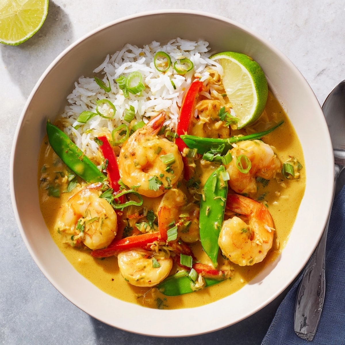 Creamy Coconut Curry Shrimp & Rice Bowl ready for dinner; Asian flavors abound.