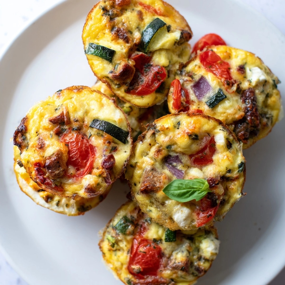 Köstliche Mini Roasted Veg & Goat Cheese Frittata Muffins, perfekt für ein farbenfrohes, gesundes Frühstück.
