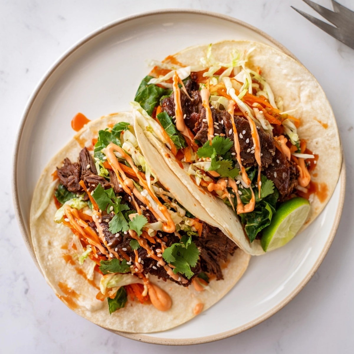 Zarte Korean BBQ Beef Tacos mit würzigem Kimchi, ein geschmackvolles Fusion-Gericht.