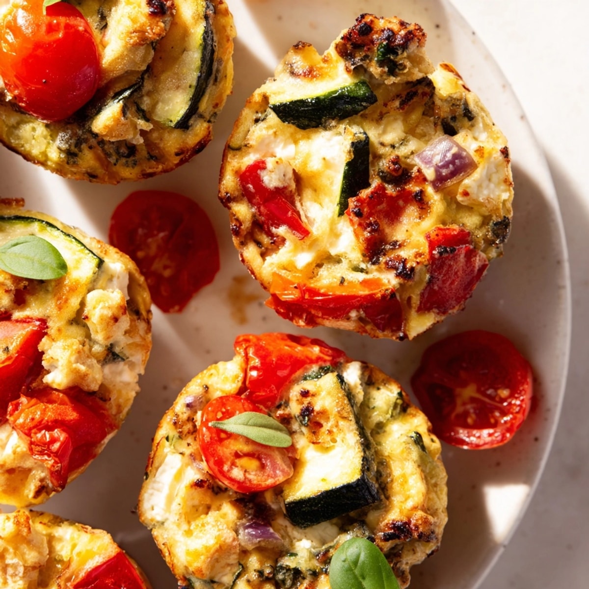 Stell dir vor: herzhafte Roasted Veg & Goat Cheese Frittata Muffins, voller geschmolzenem Käse; ideal für Brunch.