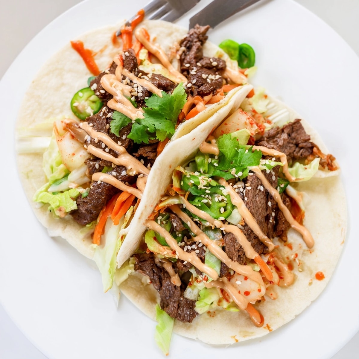 Goldbraunes Korean BBQ Beef Taco mit frischem Koriander und Sesam, servierfertig.