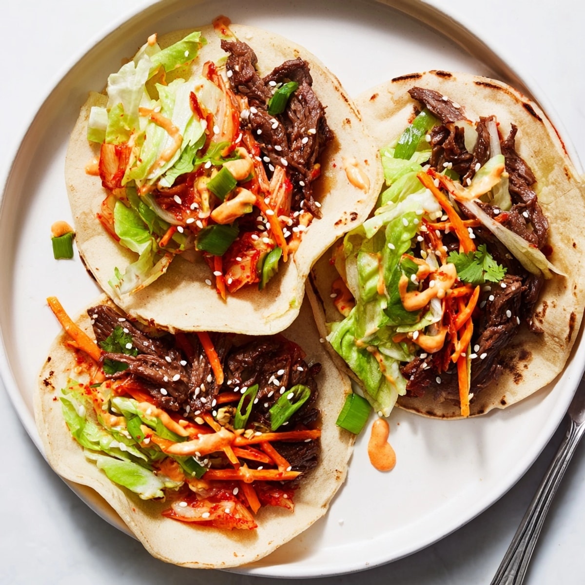 Blick von oben: Korean BBQ Beef Tacos mit sprudelndem Kimchi und strahlend grünen Kräutern.