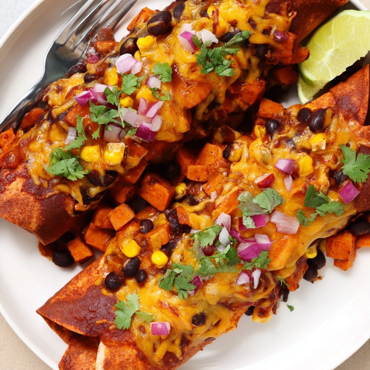 Füllende Spicy Black Bean & Sweet Potato Enchiladas, überbacken mit geschmolzenem Käse.