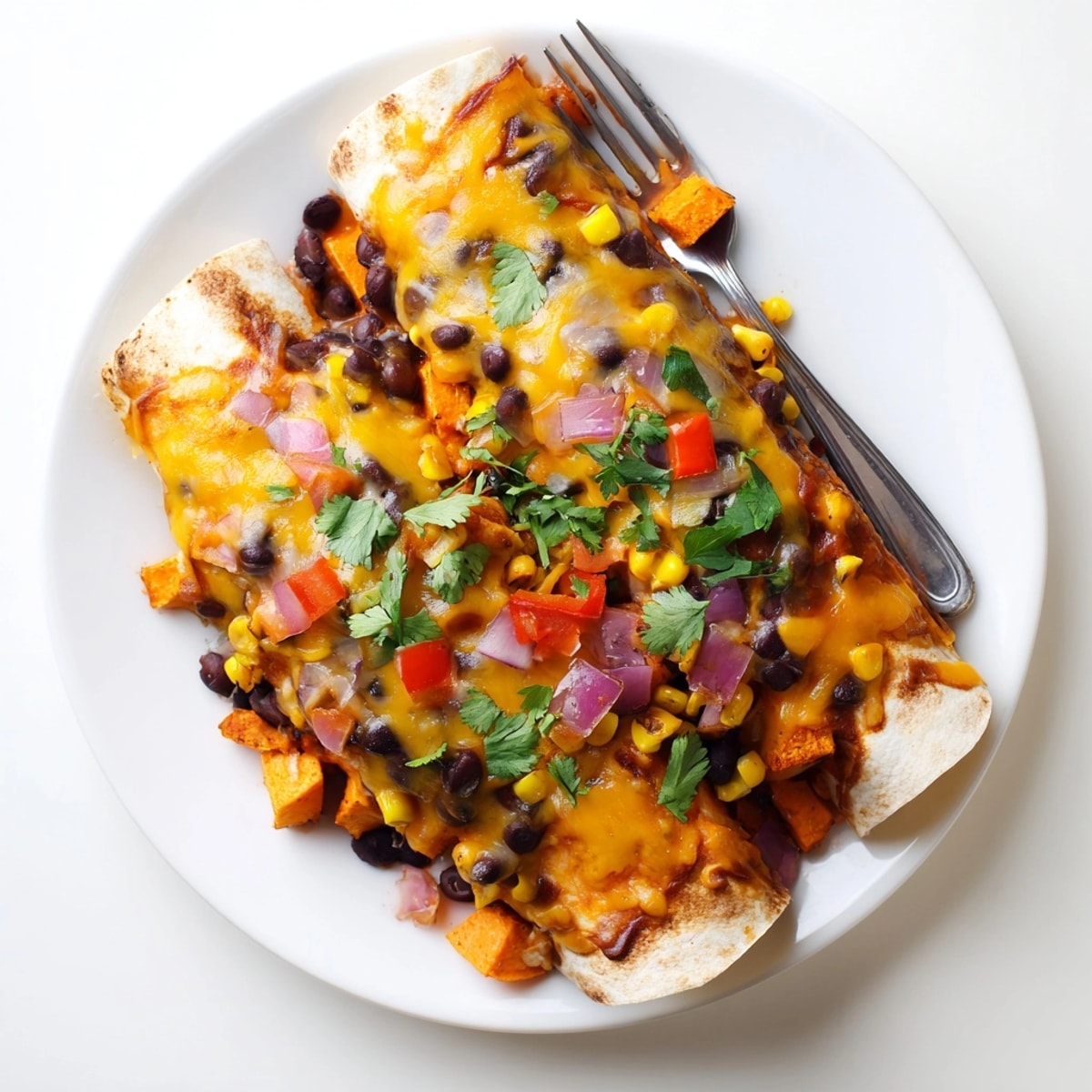 Hausgemachte Spicy Black Bean & Sweet Potato Enchiladas im Ofen gebacken, servierbereit.