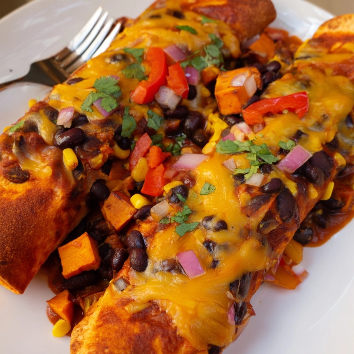 Vegetarische Spicy Black Bean & Sweet Potato Enchiladas mit gewürzten Süßkartoffeln, eine köstliche Mahlzeit.