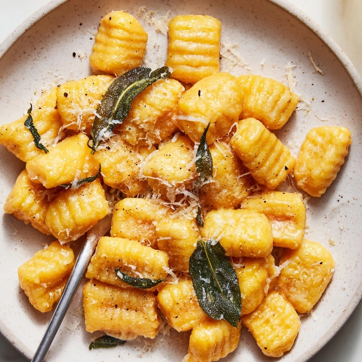 Zarte Süßkartoffel-Gnocchi in brauner Salbeibutter, dekoriert mit geriebenem Parmesan. Ein Herbstgericht!
