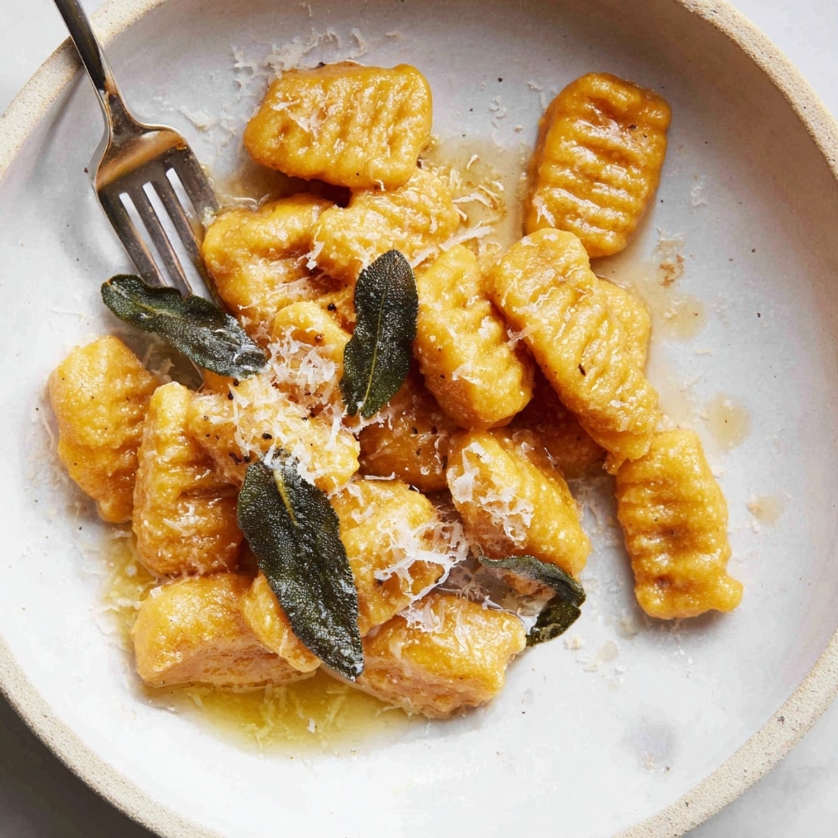 Hausgemachte Süßkartoffel-Gnocchi mit Salbeibutter: goldbraun, herrlich duftend und sofort servierbereit.