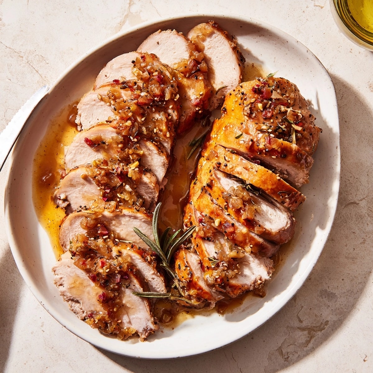 Ein Festtagsstück: Zarte Cider Brined Turkey Breast leuchtend rot glasiert, servierfertig.