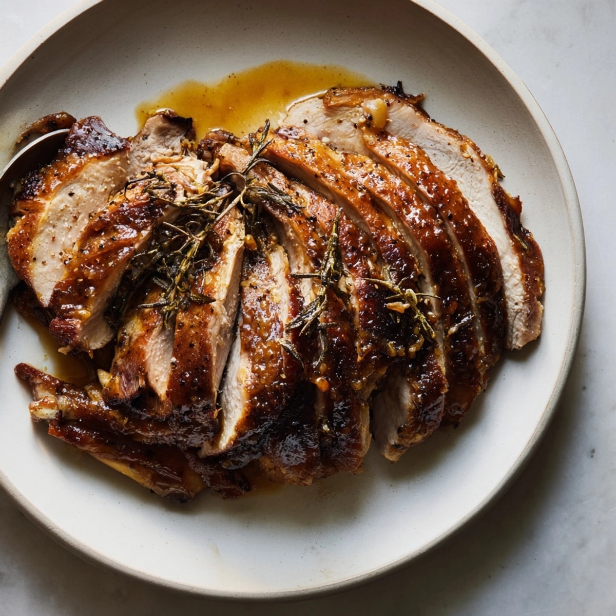 Nahaufnahme von Cider Brined Turkey Breast mit Cranberry Glaze. Eine köstliche, herb-süße Perfektion.