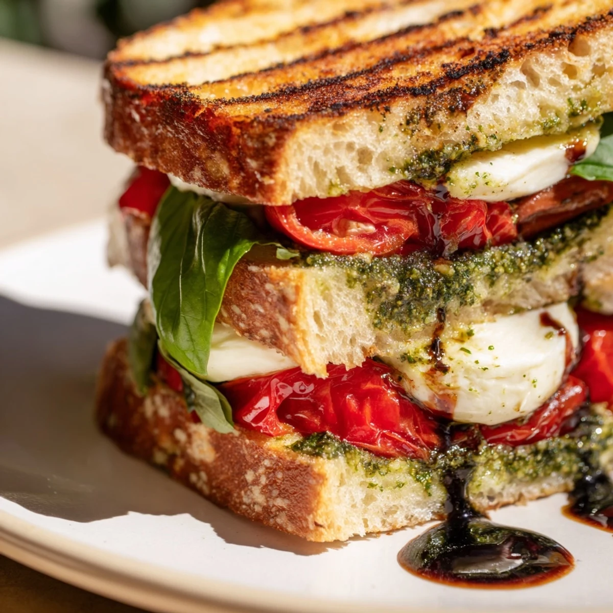 A close-up of a warm Winter Caprese Panini, showcasing its layers of creamy cheese and fresh basil.