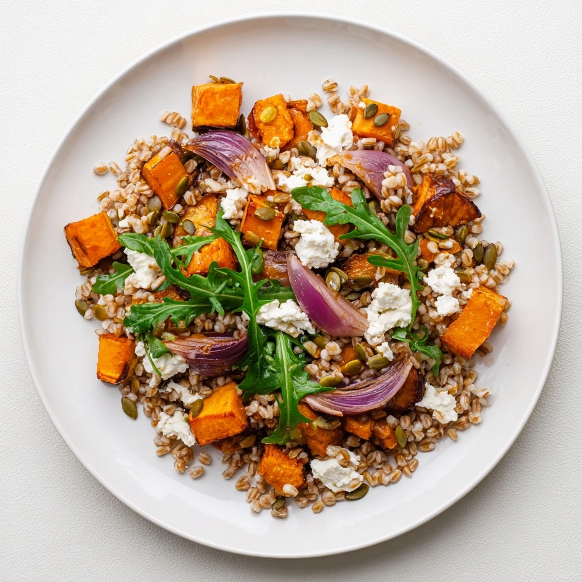 This vibrant Warm Farro Salad showcases tender farro and butternut squash, drizzled in lemon dressing.