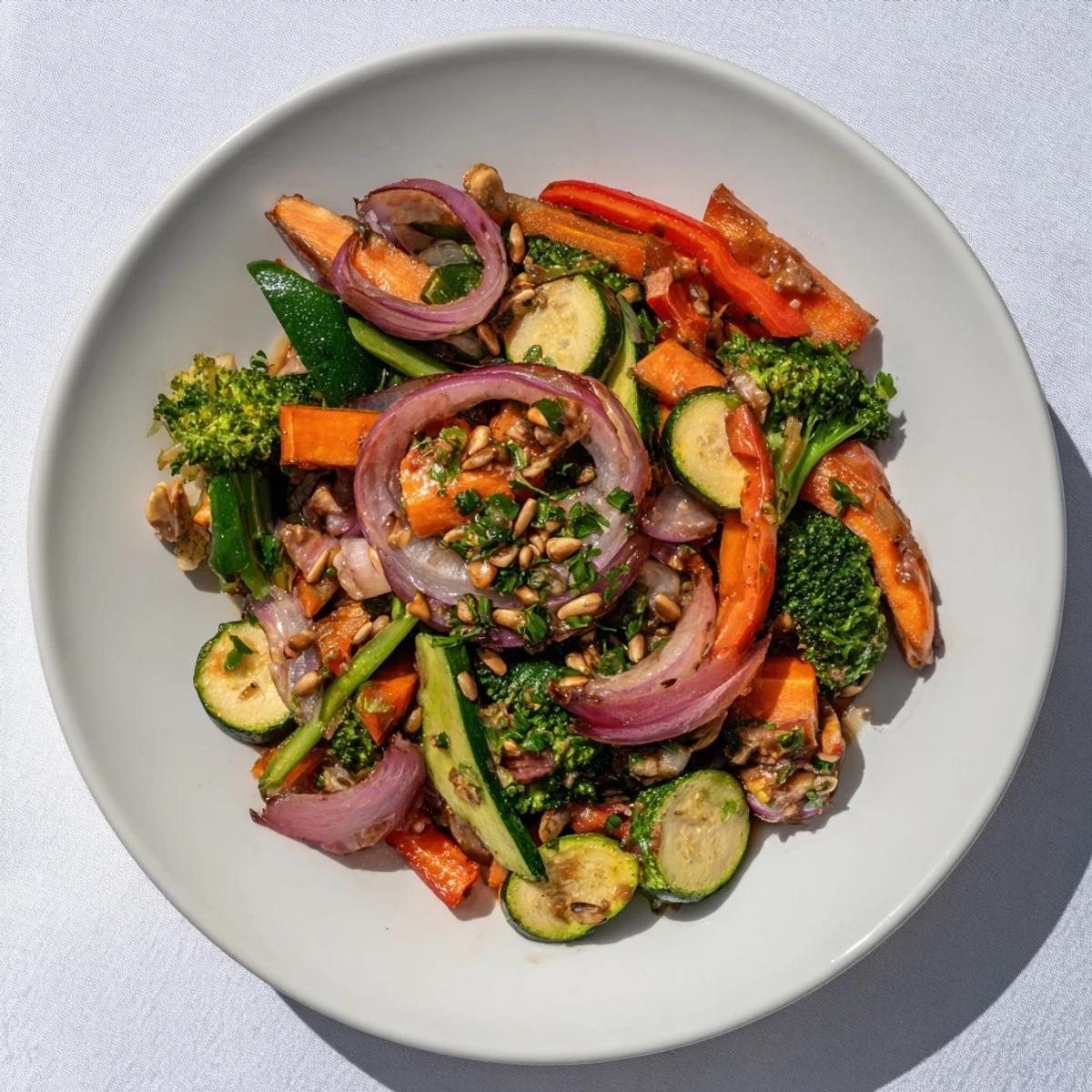 Golden, glistening Maple Mustard Veggie Skillet with fresh parsley and crunchy sunflower seeds, ready to serve.