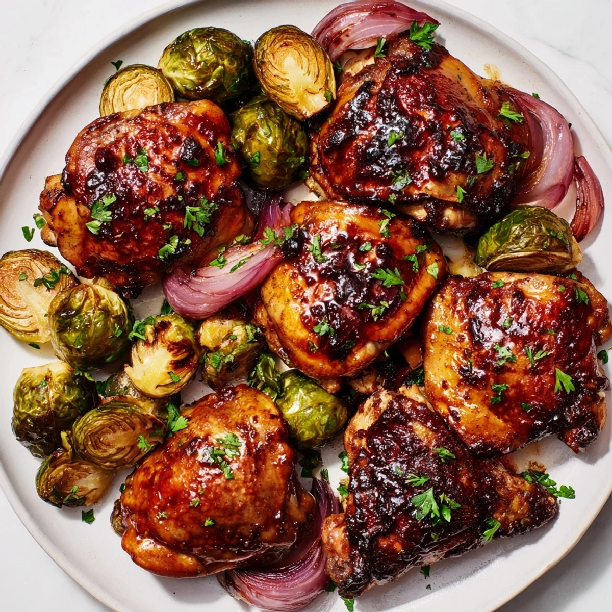 A one-pan Honey Balsamic Chicken and Brussels Sprouts dish with roasted vegetables, ready to serve.