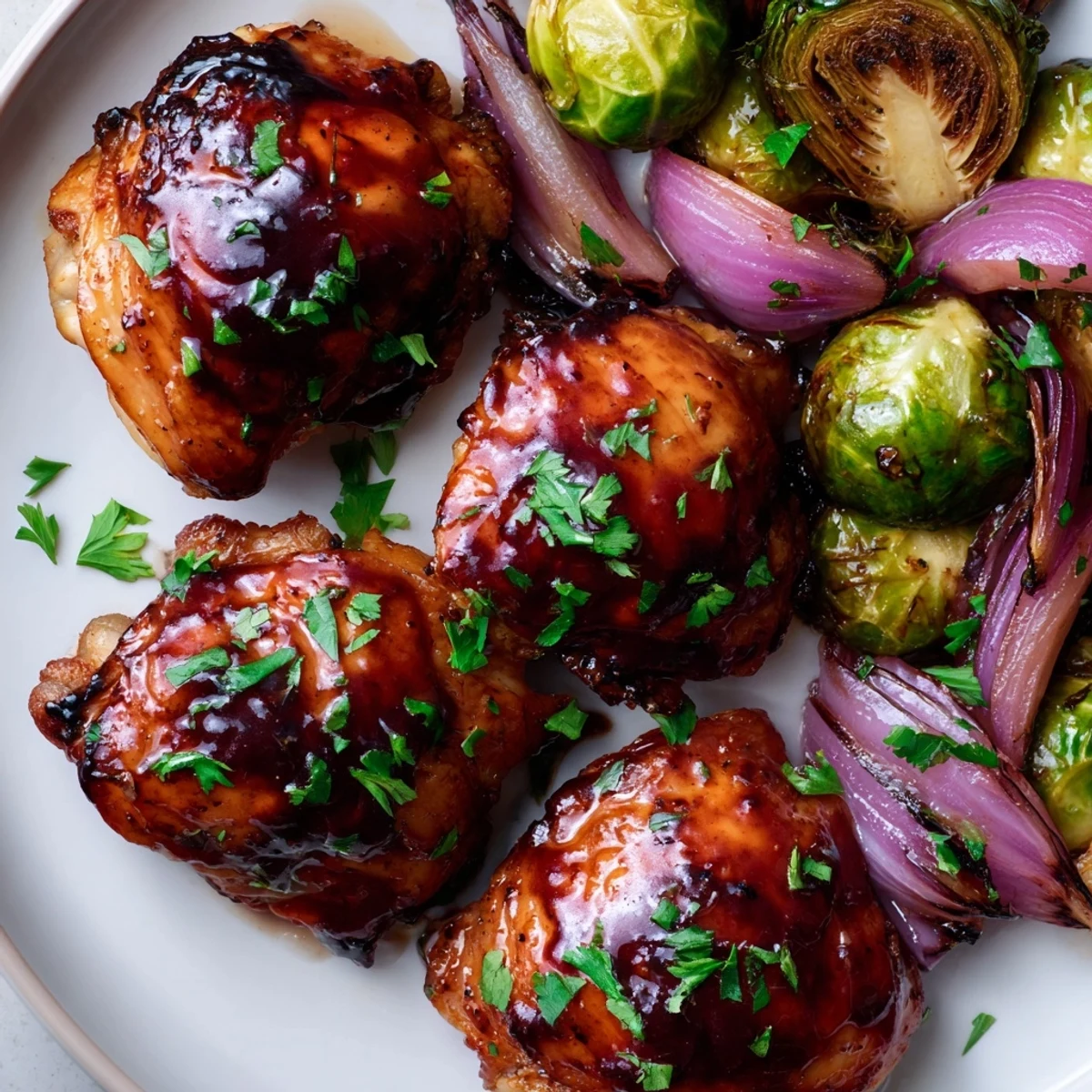 Tender Honey Balsamic Chicken and Brussels Sprouts, glistening with a sweet balsamic glaze in a baking pan.