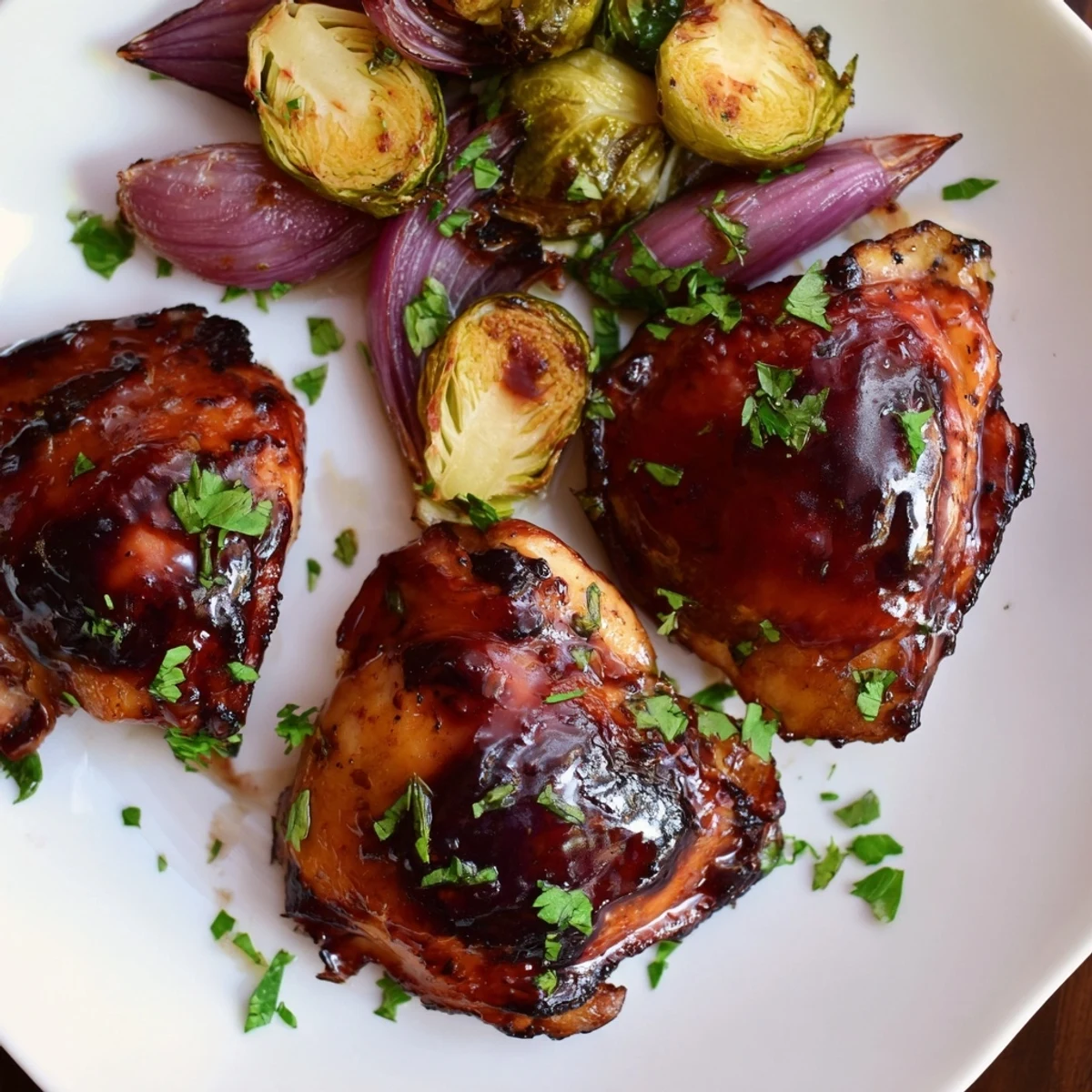 Golden-brown Honey Balsamic Chicken and Brussels Sprouts, a healthy and flavorful American dinner idea.