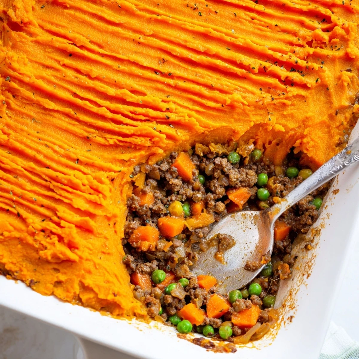 Hearty Shepherds Pie offering a creamy sweet potato topping with visible, golden-brown crust.