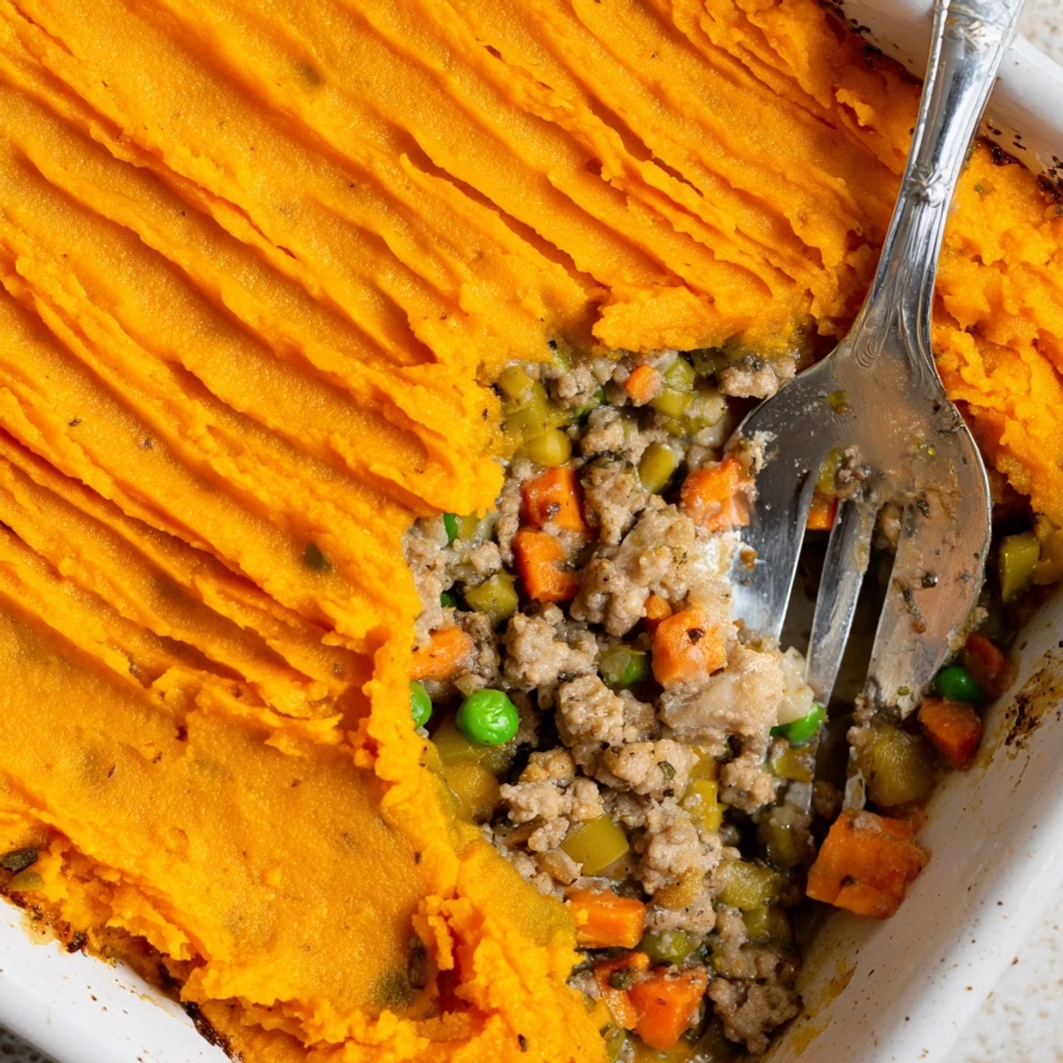 Savory Shepherds Pie with mashed sweet potato topping, a comforting, bubbling casserole ready to serve.