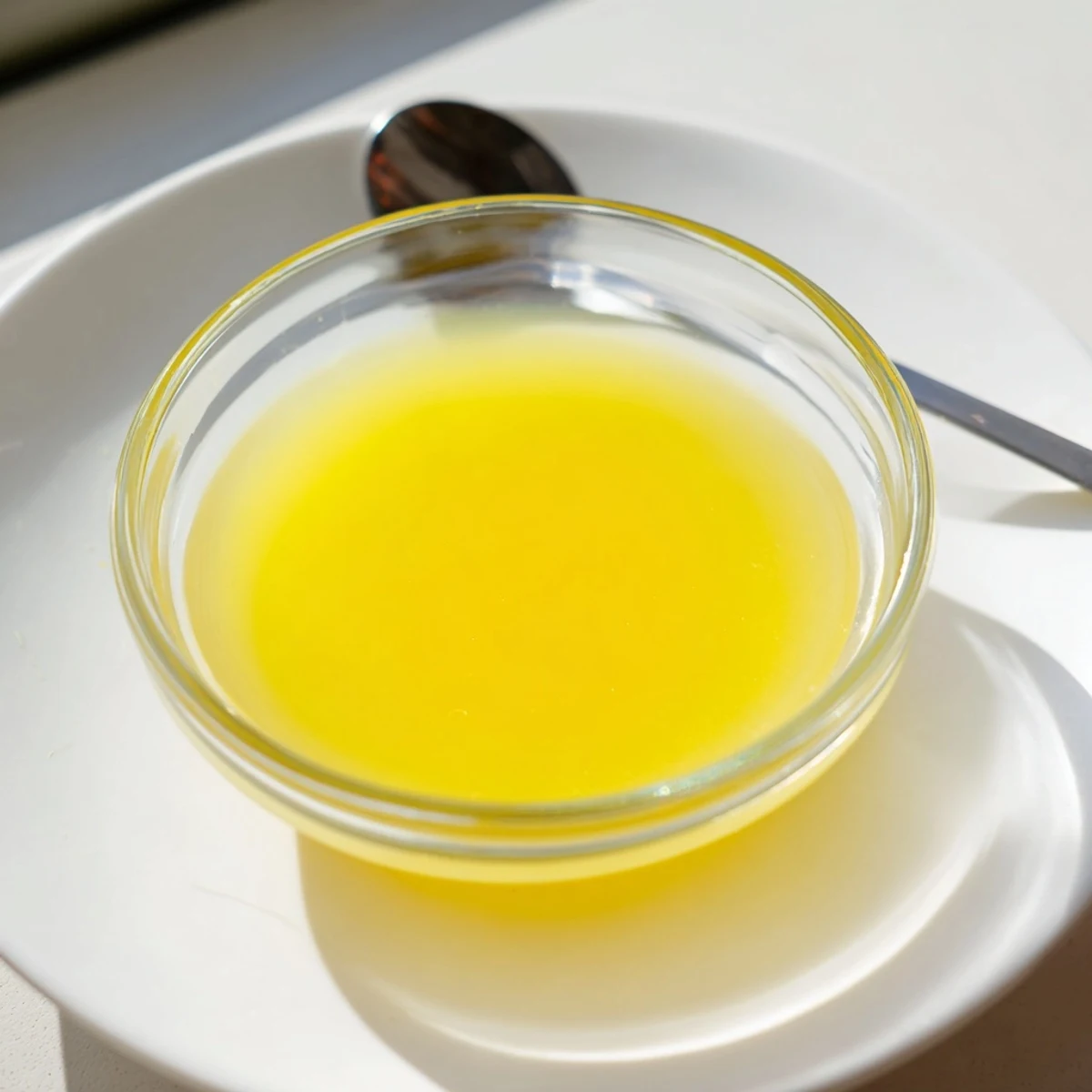 Golden, vibrant lemon juice in a clear glass, perfect for a refreshing summer drink.