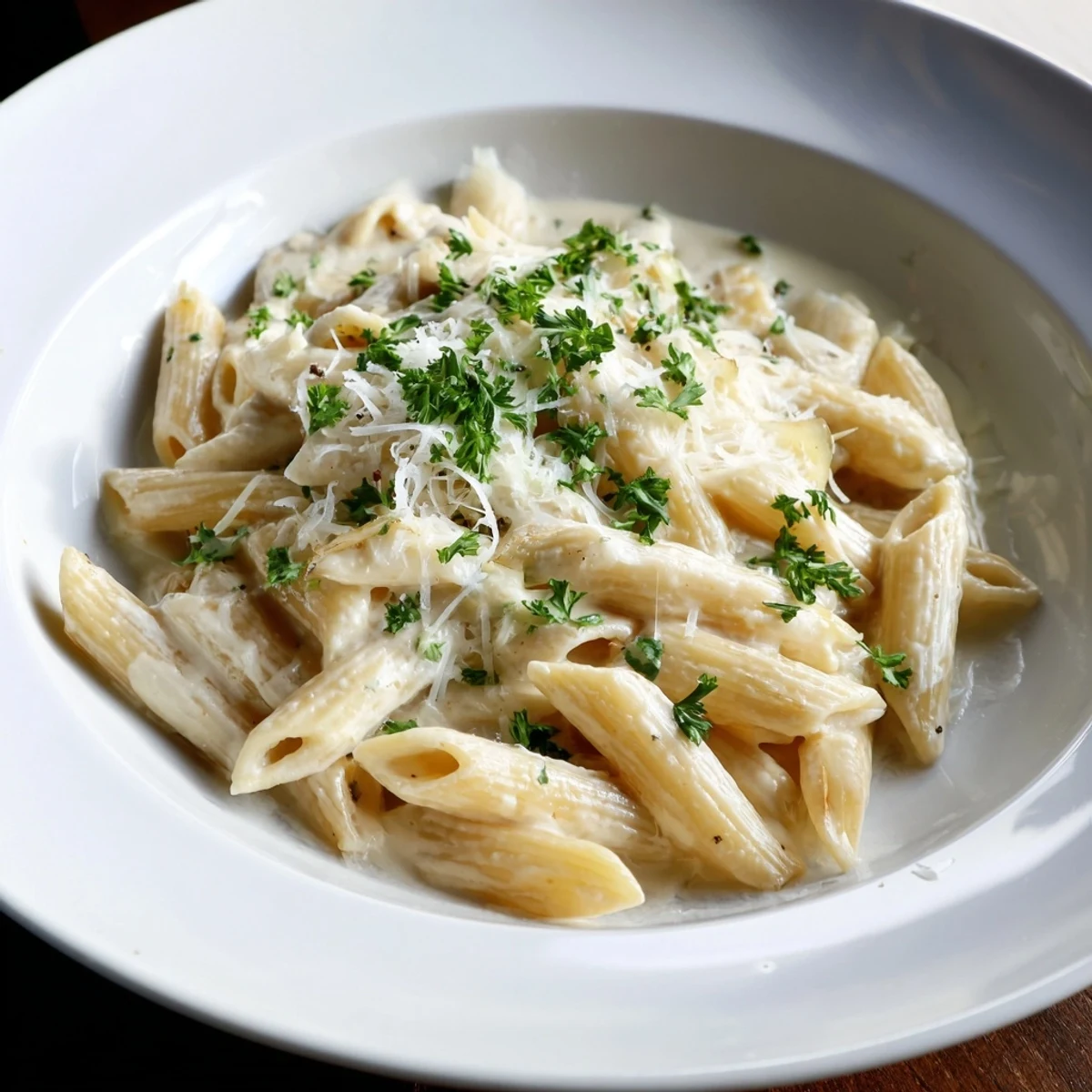 This close-up shows perfectly cooked creamy pasta, coated in a rich, velvety sauce.