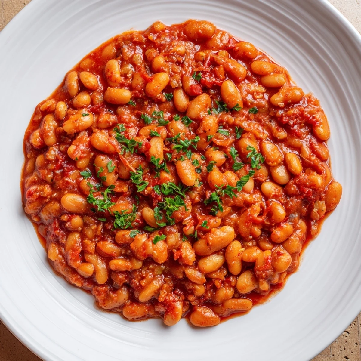 Hearty baked beans in a Dutch oven, bubbling with a rich, sweet and savory tomato sauce.