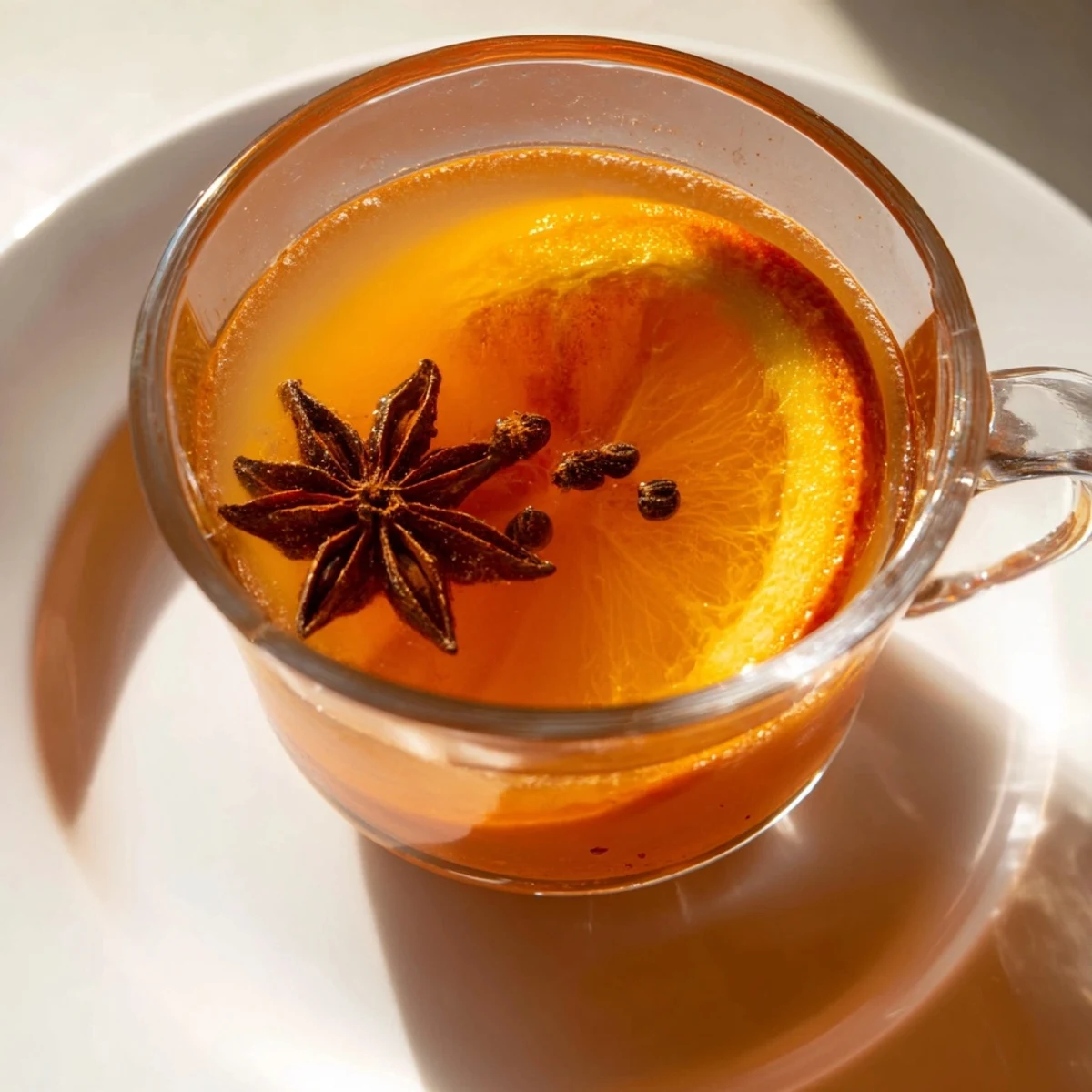 Duftender, heißer Spiced Cider, dampfend in einer Tasse, garniert mit einer Orangenscheibe und Zimt.