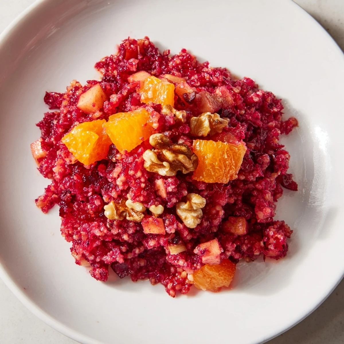 A bowl brimming with fresh, glistening cranberry relish, perfect for a holiday spread.