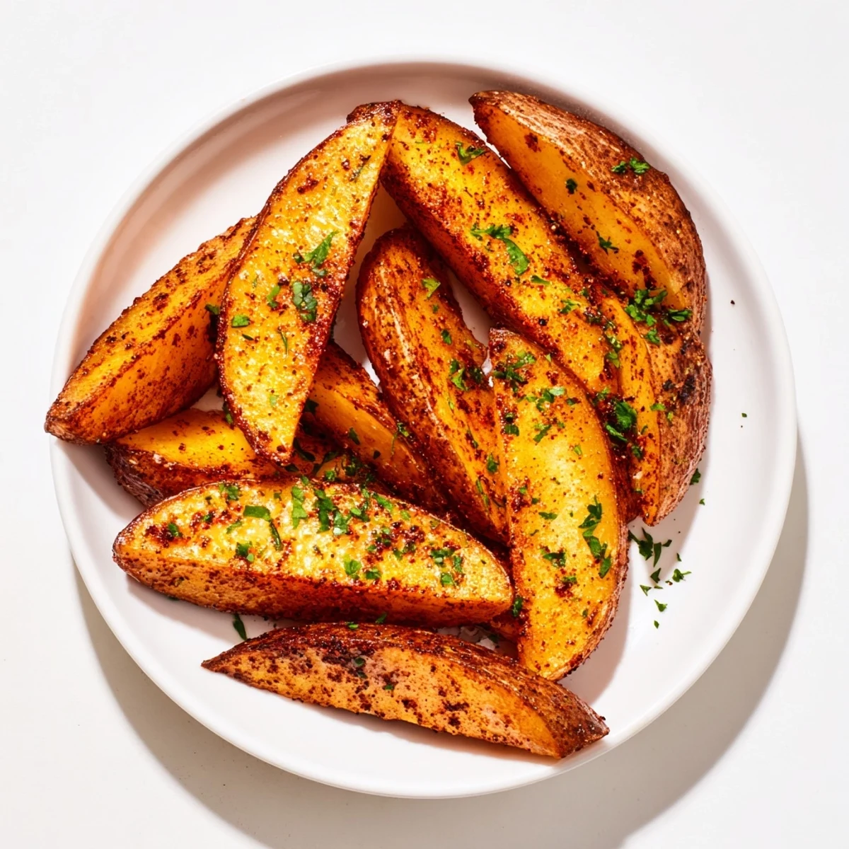 A close-up of oven-baked potato wedges, seasoned, and ready to be enjoyed with a crispy texture.