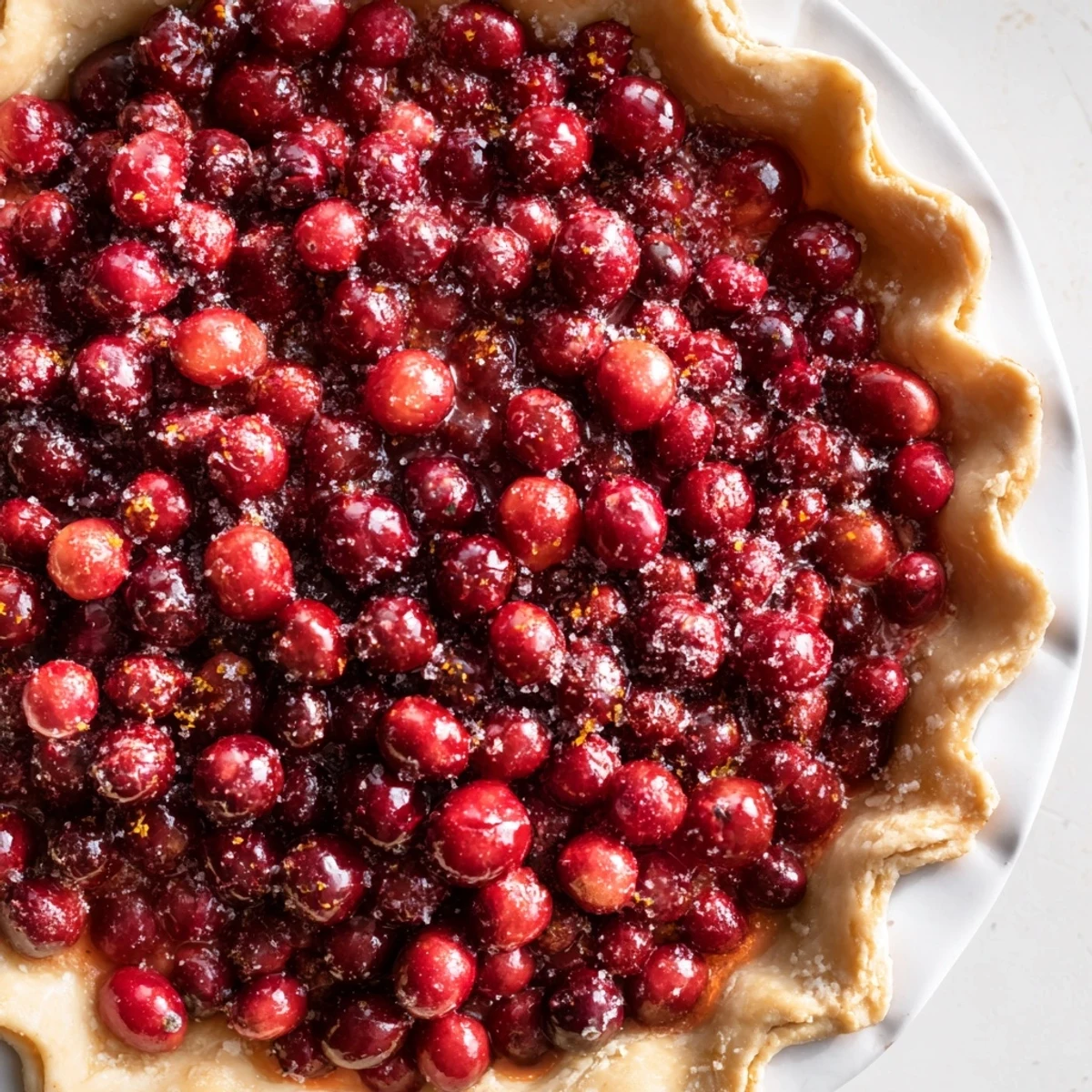 Close-up shot showing the tart, juicy cranberries inside a flaky, perfect Cranberry Pie.