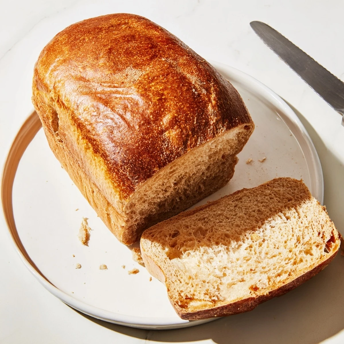 Golden-crusted baked bread, ready to be sliced, offering a perfect, tender crumb texture.
