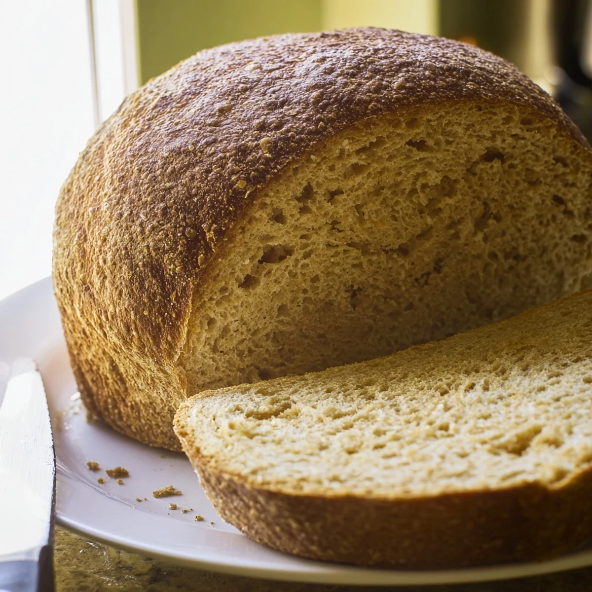 Homemade baked bread, smelling heavenly, waiting to be served with butter.