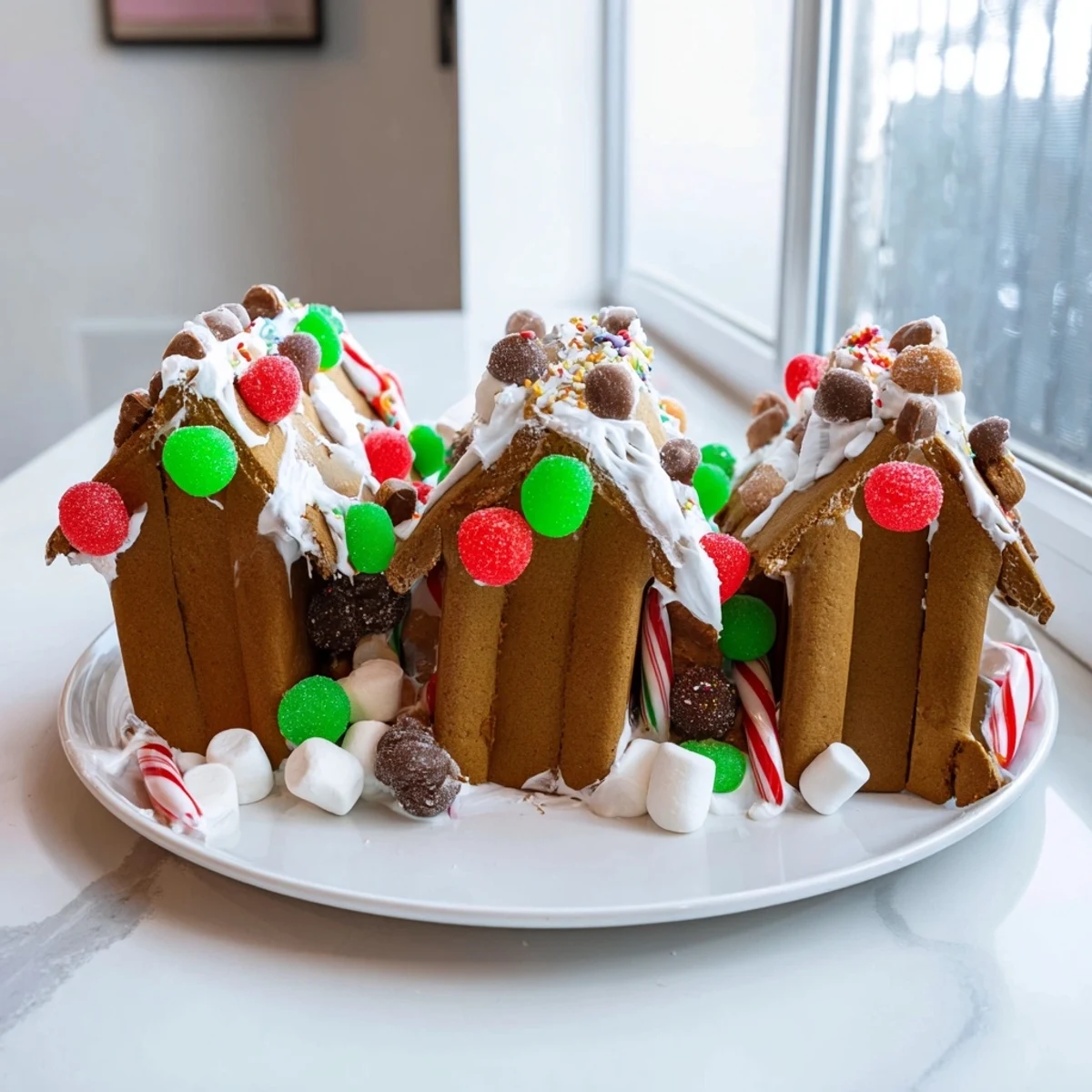 A beautifully decorated gingerbread house kit, ready for holiday assembly with colorful candies.