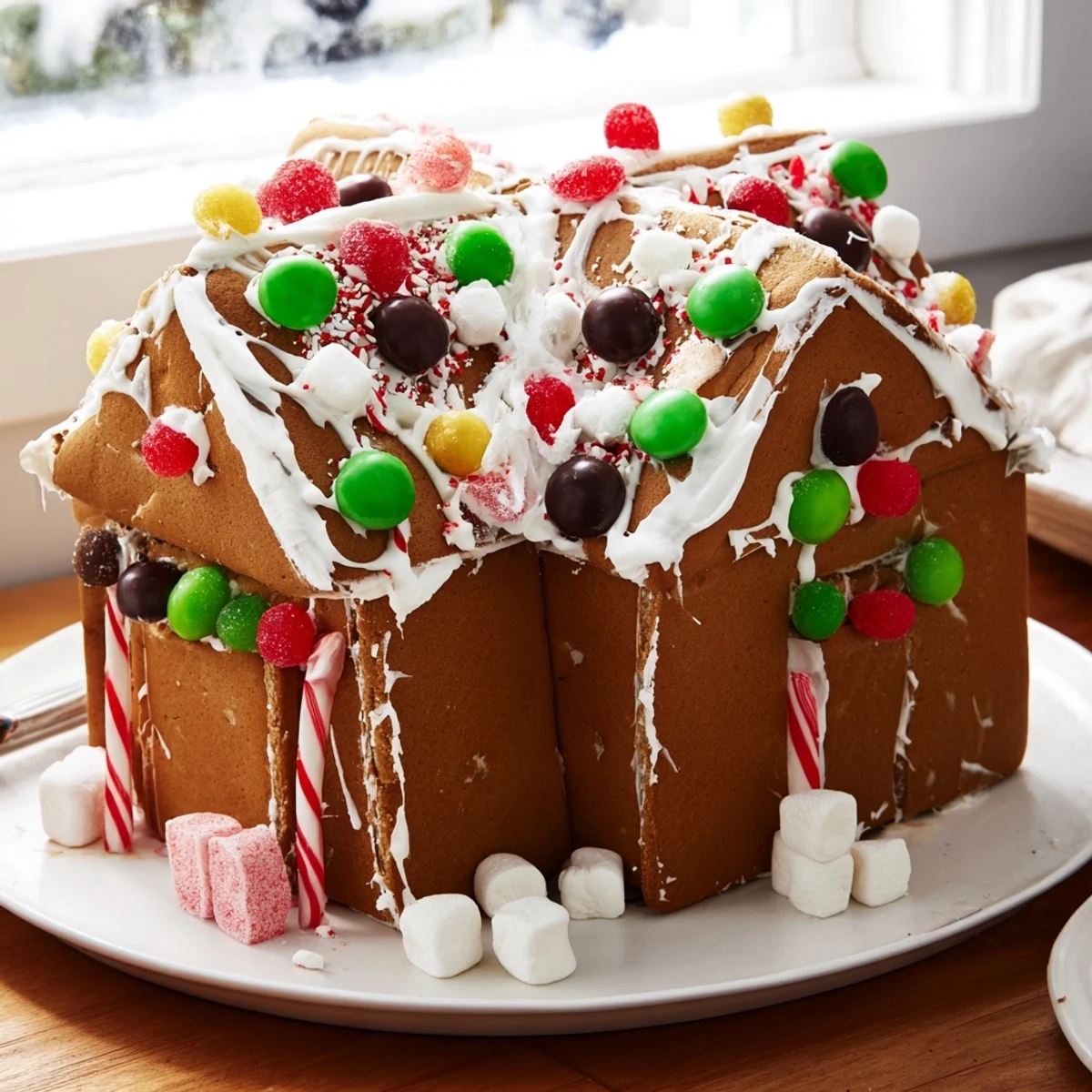 This finished gingerbread house kit showcases festive candies on spiced gingerbread, perfect for dessert.