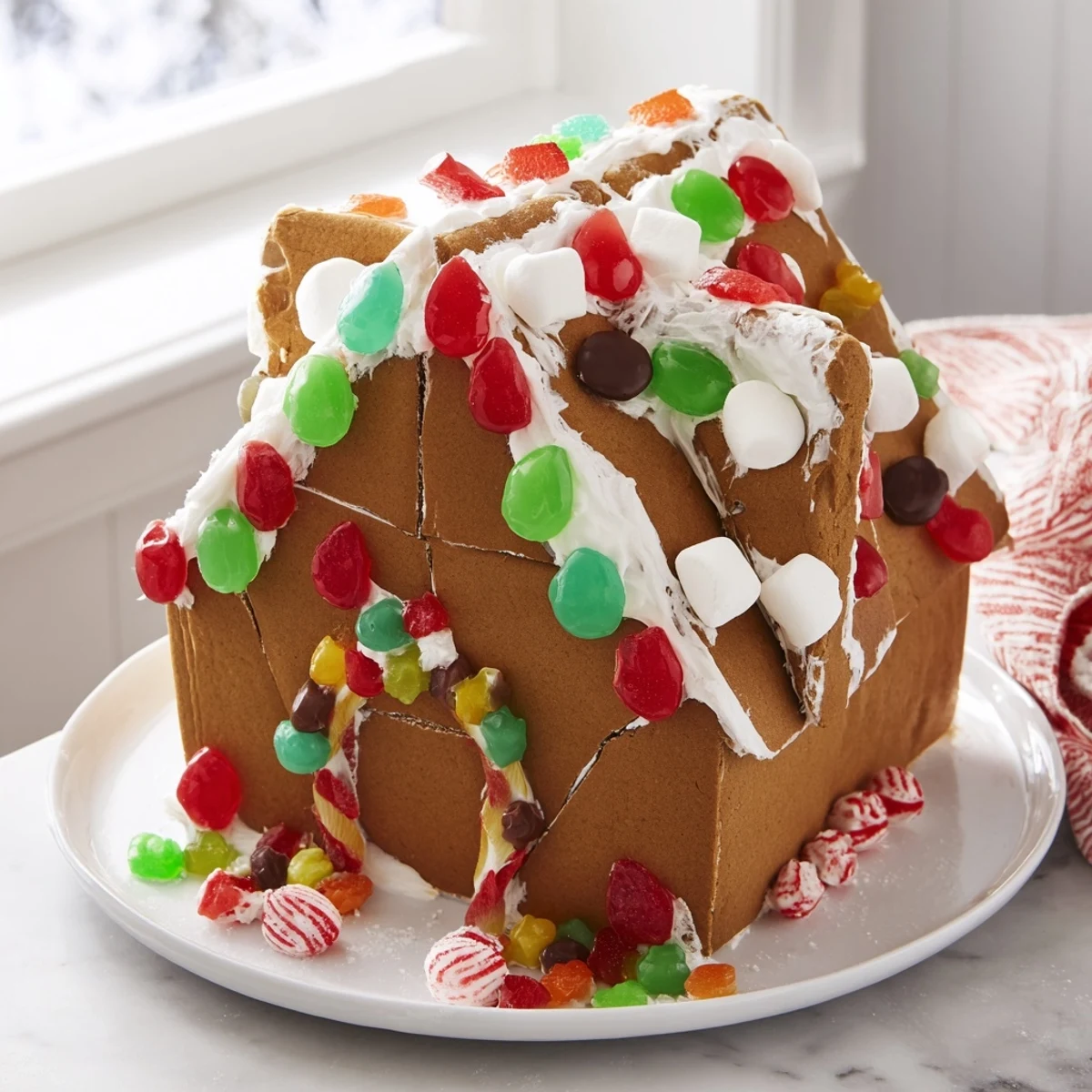 Building a gingerbread house kit: a close-up of colorful candies adorning the spiced walls.