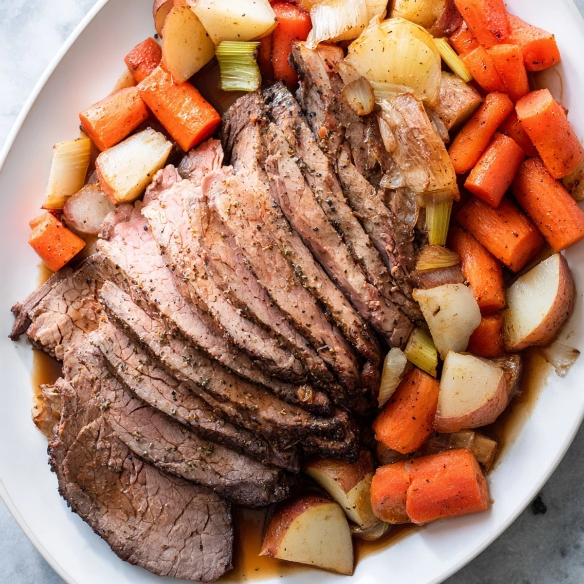 Juicy beef roast slices served with golden-brown roasted potatoes and carrots, a classic American meal.