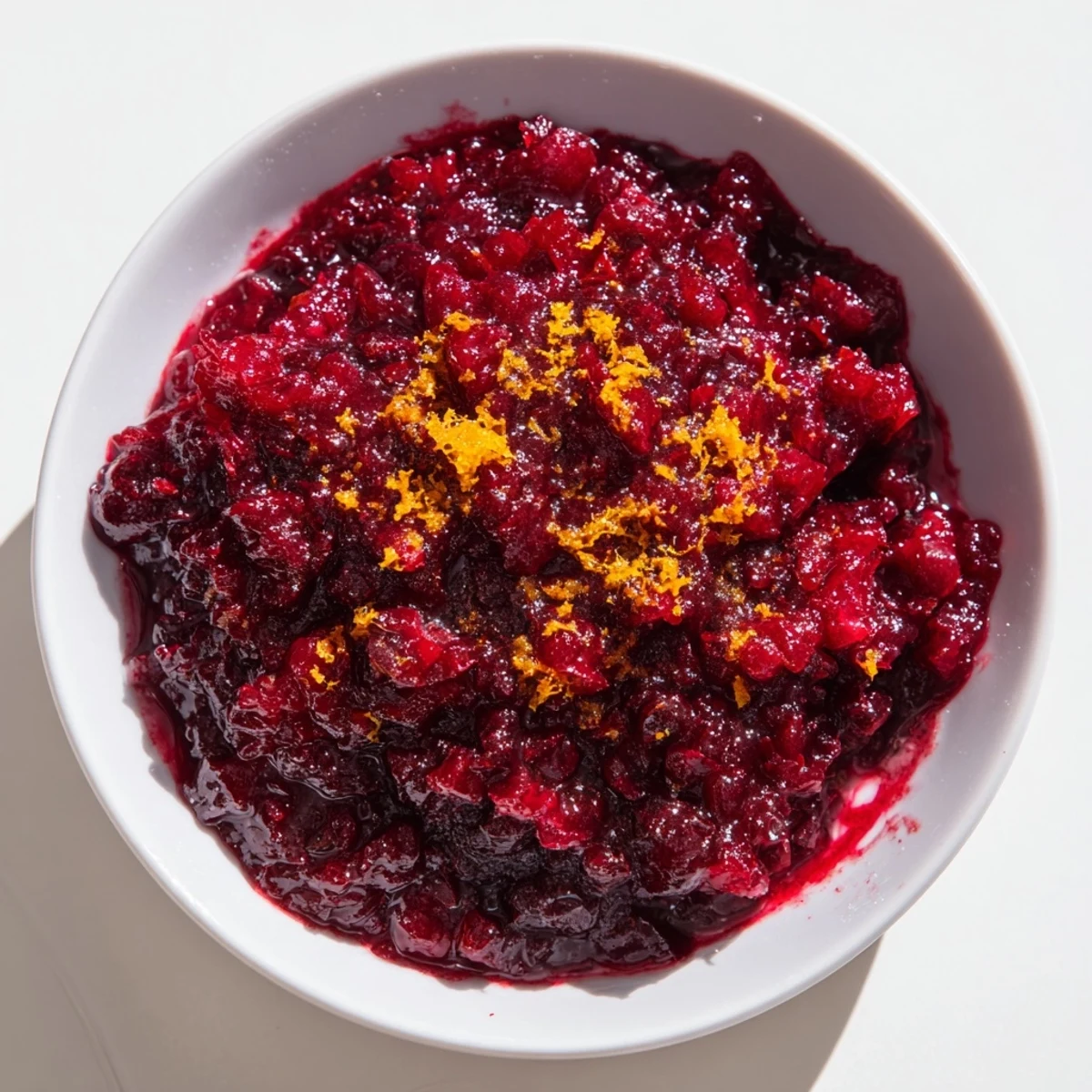 Sweet and tangy, a close-up of finished Cranberry Sauce with Orange Zest in a serving bowl.