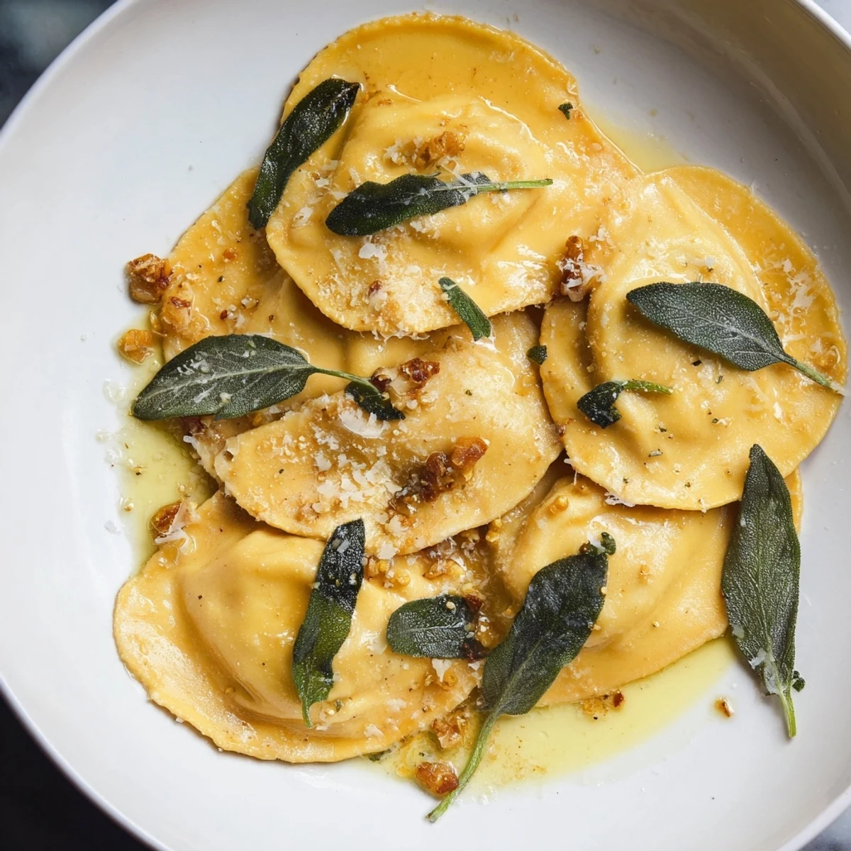 Golden brown butternut squash ravioli drizzled in fragrant sage brown butter sauce, ready to serve.