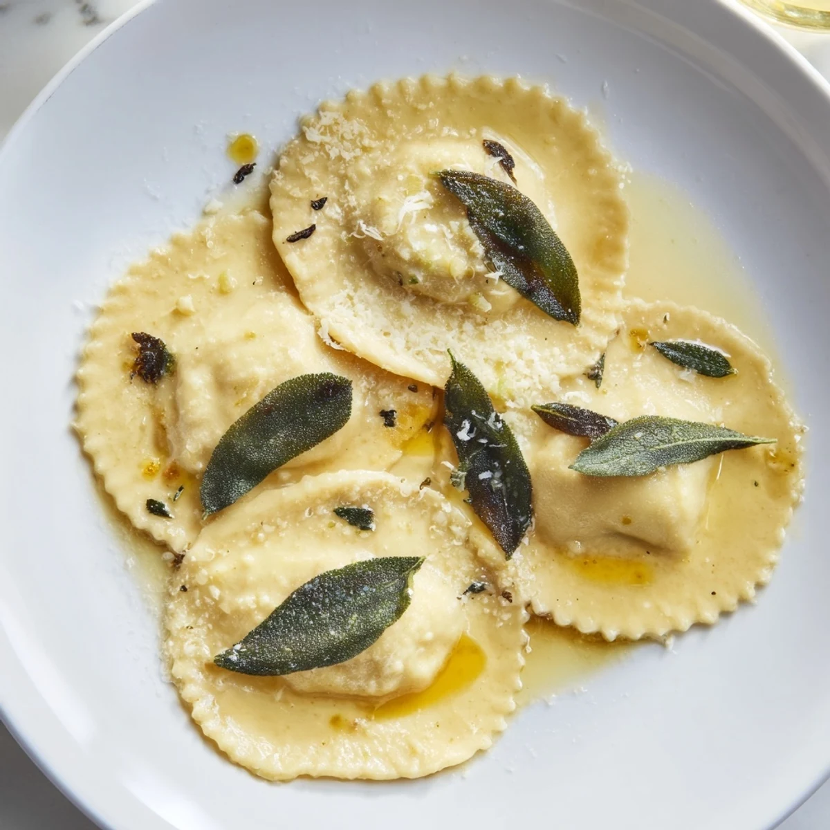 Freshly made butternut squash ravioli, cooked and plated, awaiting a sprinkle of Parmesan cheese.