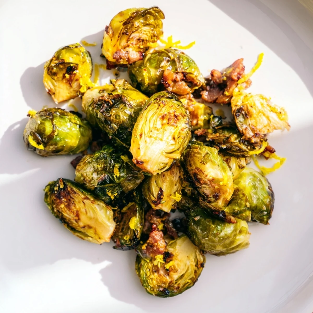 Golden, oven-roasted Brussels sprouts with savory beef bacon, ready to serve for a gluten-free meal.