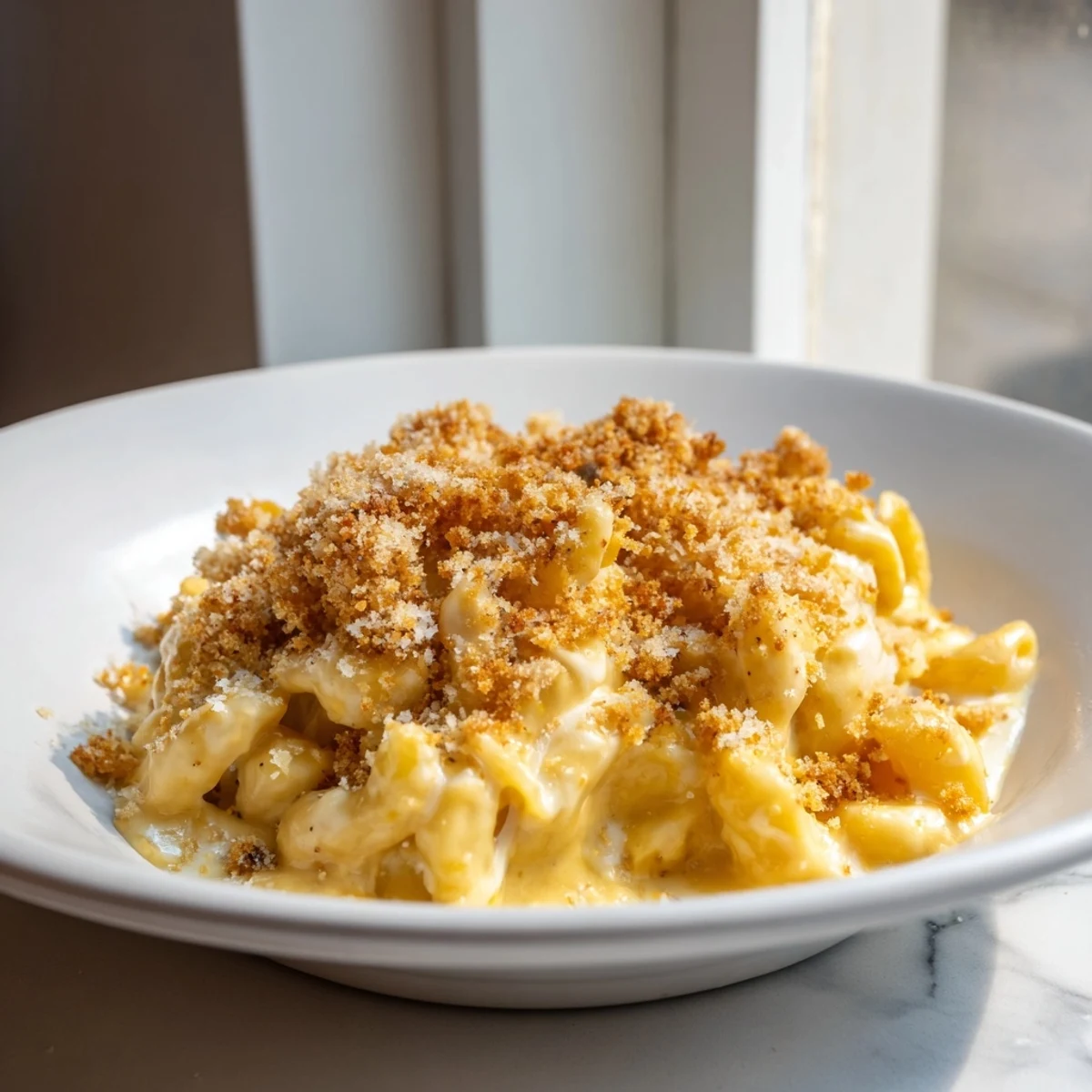 A close-up of creamy Macaroni and Cheese, showing the rich, cheesy sauce coating pasta.