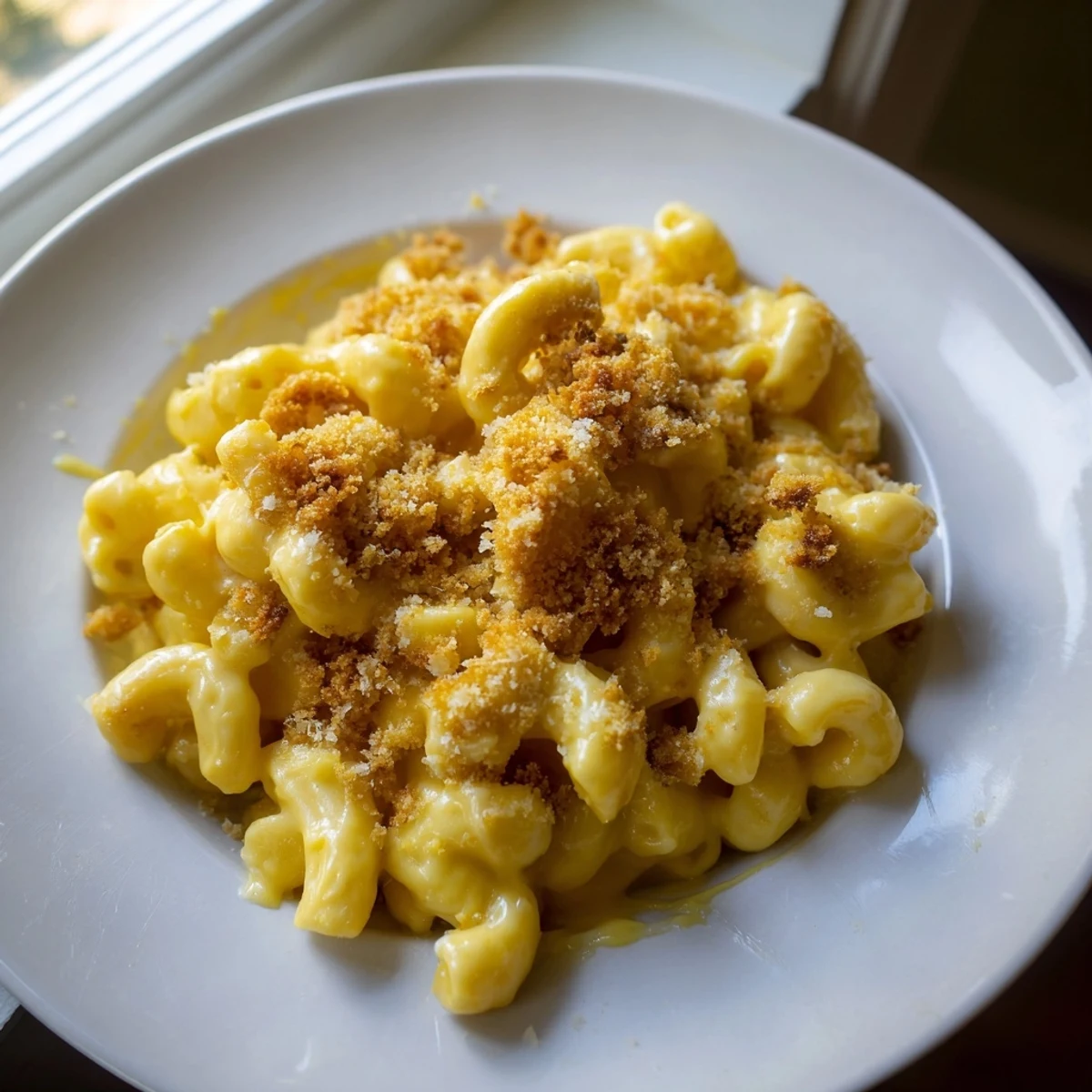 Creamy Macaroni and Cheese bubbling hot, golden-topped from the oven, ready for serving.