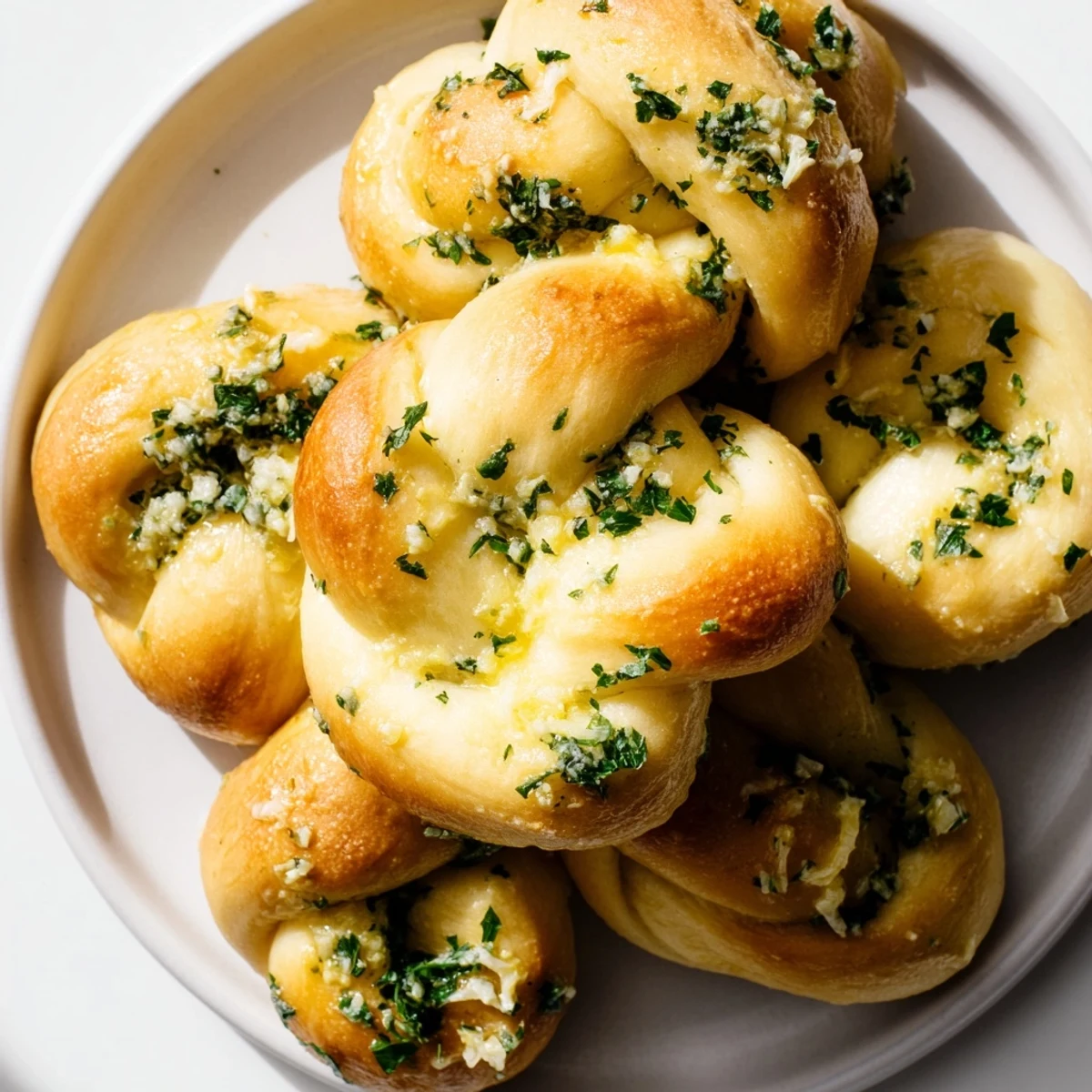 Golden, baked Garlic Parmesan Knots, brushed with garlic butter and sprinkled with Parmesan for Italian meals.