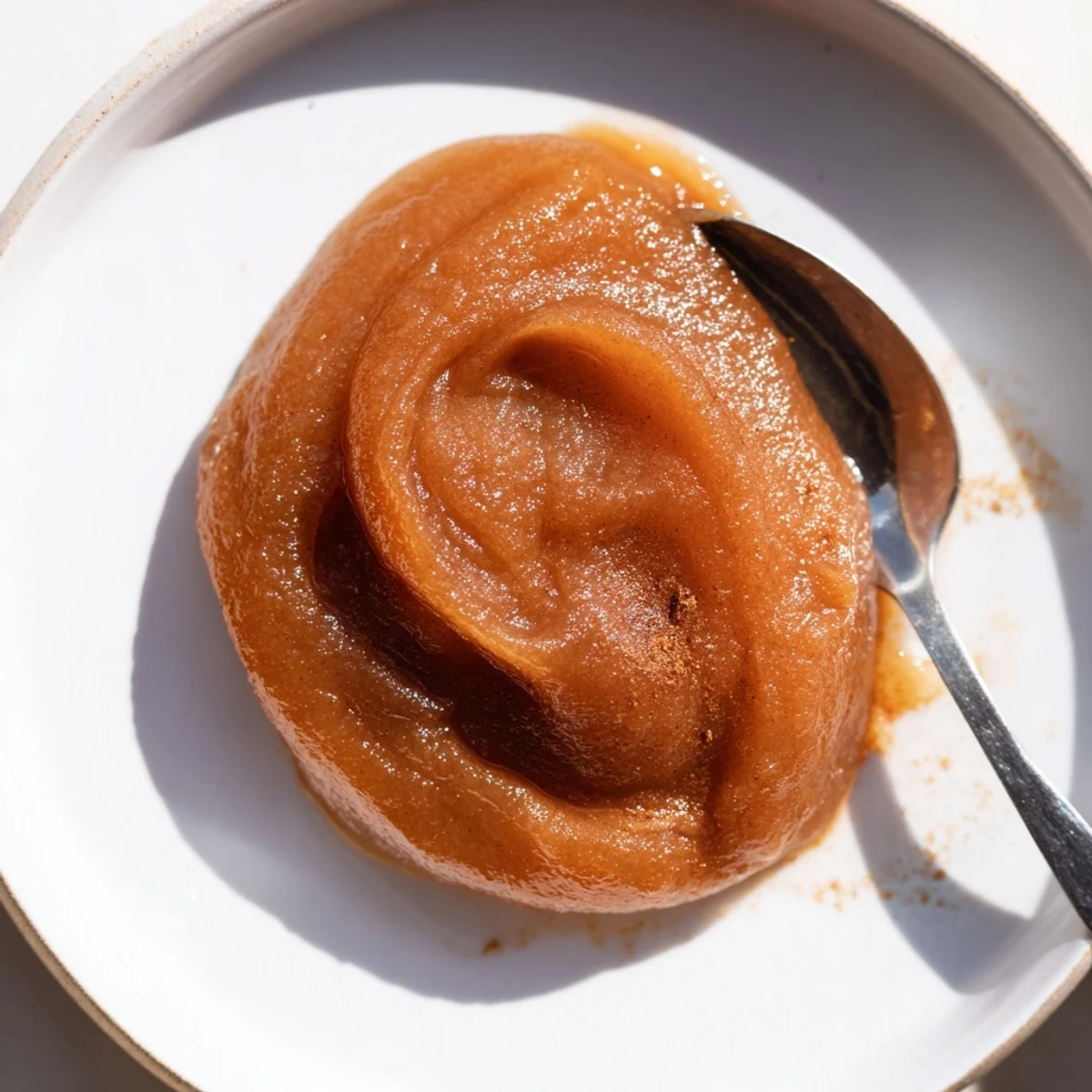 Thick and glistening Spiced Apple Butter ready to be scooped onto toast or pancakes.