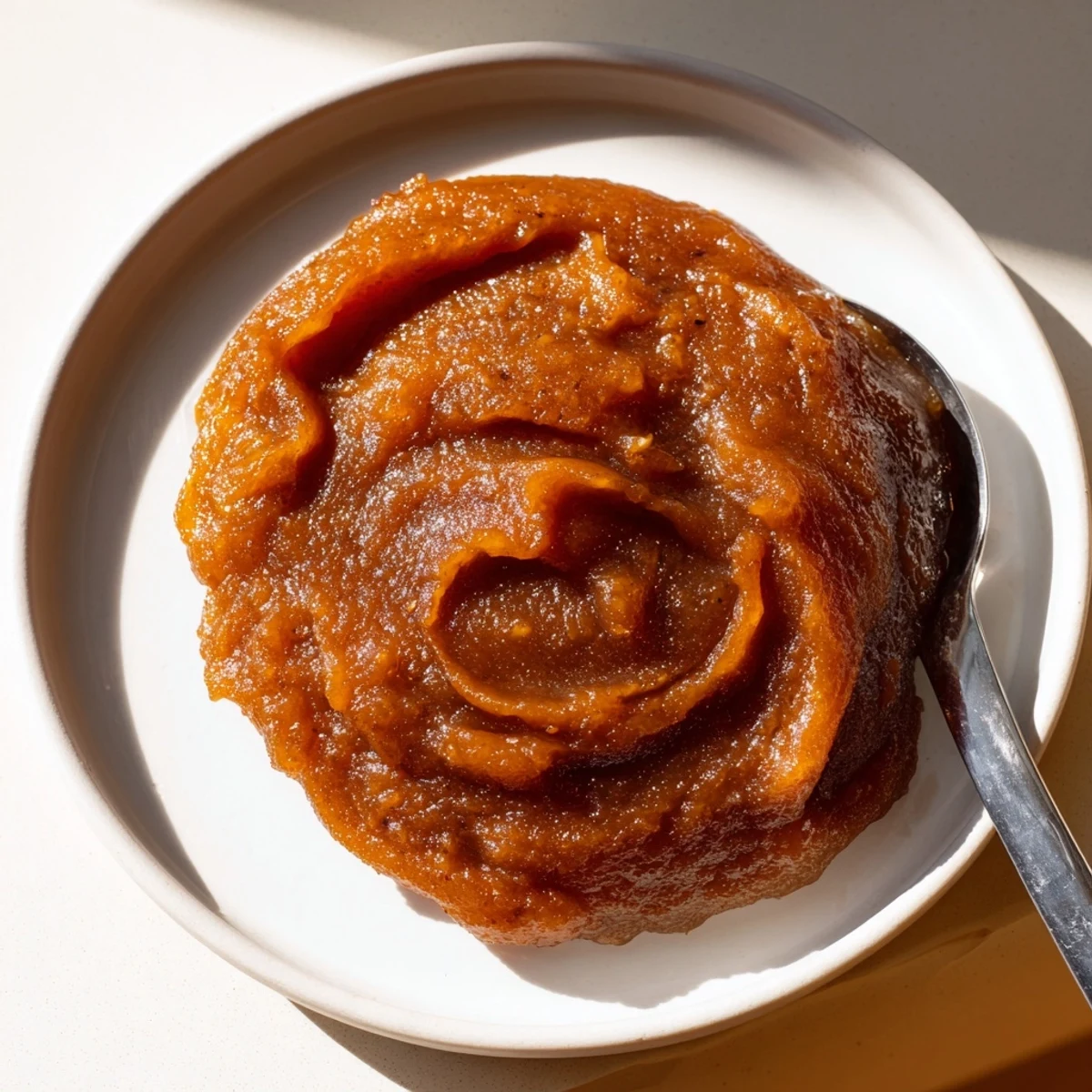 A jar of homemade Spiced Apple Butter, a smooth, dark brown, and warmly spiced spread.